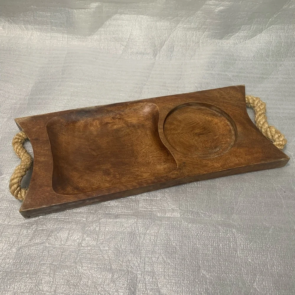 Vintage Wooden Snack Serving Tray w Rope Handles Dip Bowl Compartment Rustic MCM